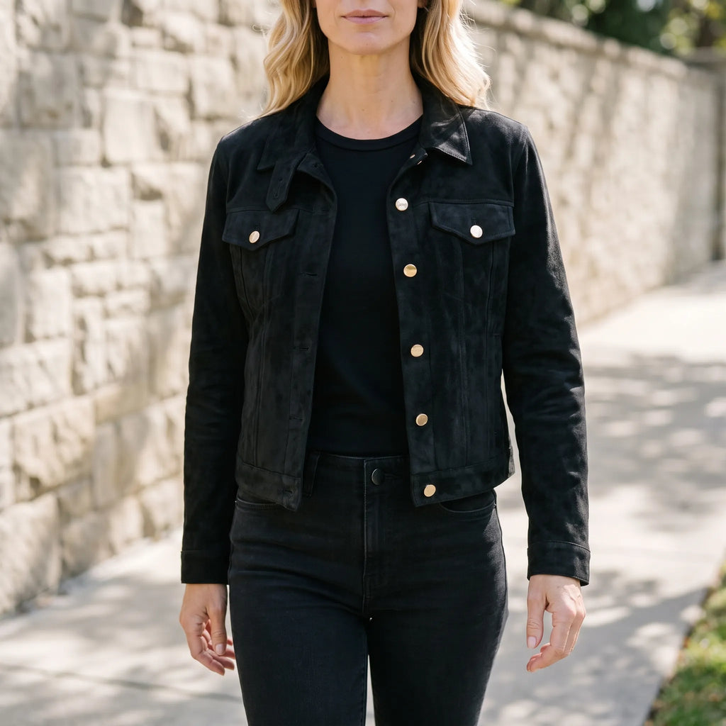 Women's cropped trucker jacket with pointed collar, long sleeves and flap chest pockets