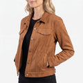 Women's cropped trucker jacket with pointed collar, long sleeves and flap chest pockets