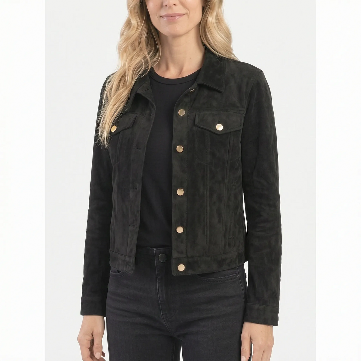 Women's cropped trucker jacket with pointed collar, long sleeves and flap chest pockets