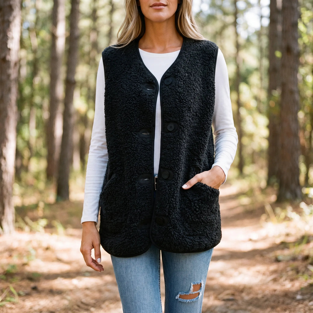 Women's textured teddy gilet with V-neck, button front and large patch pockets