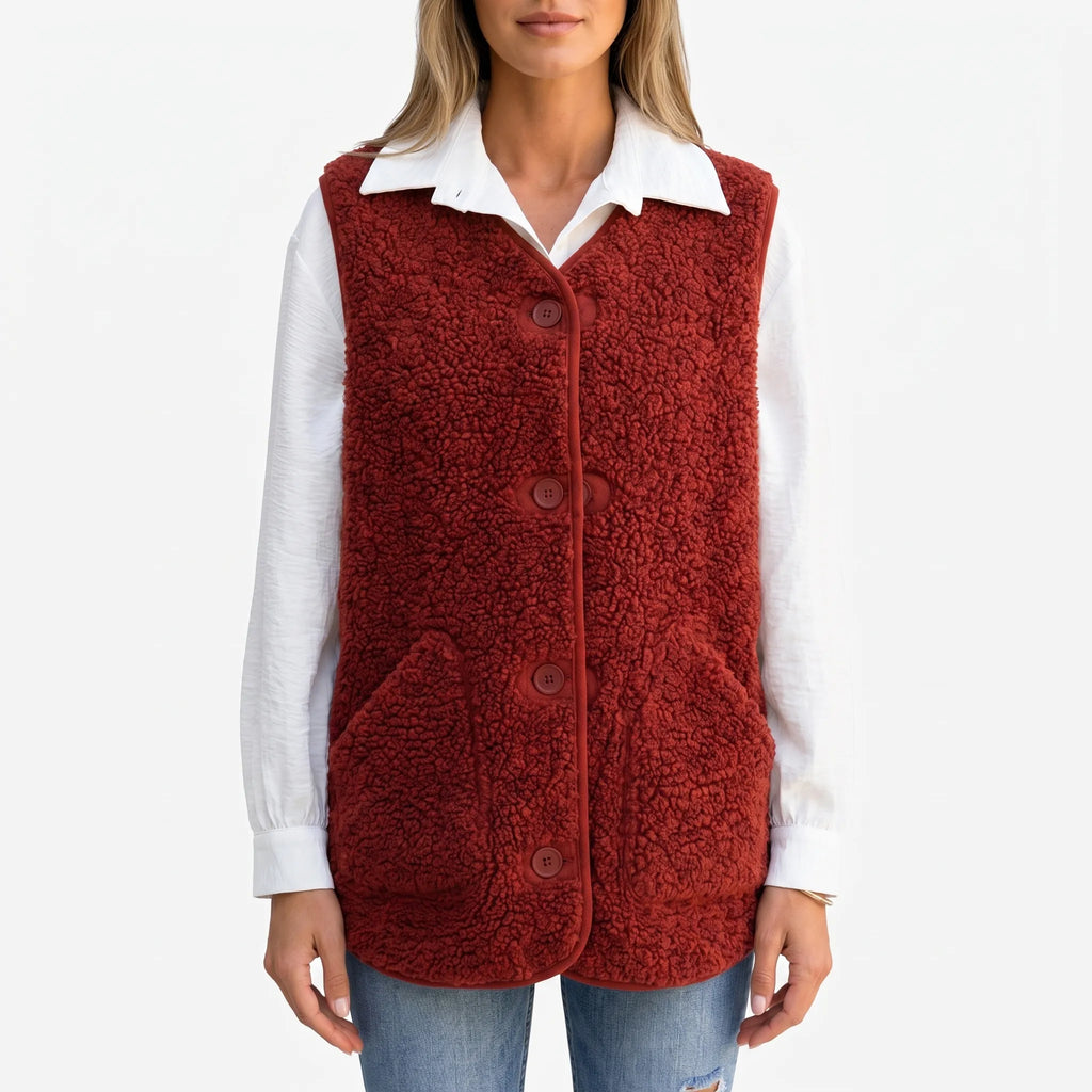 Women's textured teddy gilet with V-neck, button front and large patch pockets