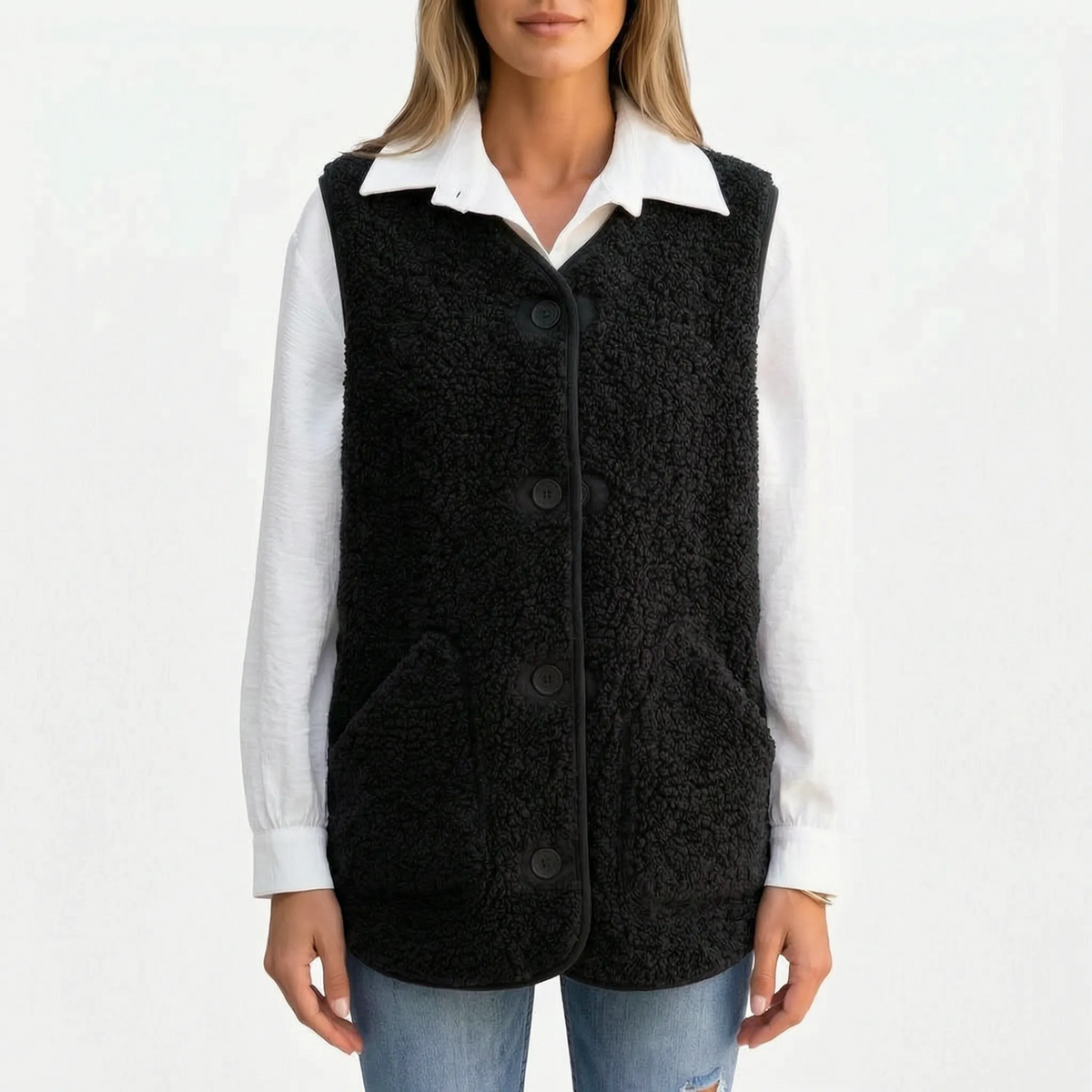 Women's textured teddy gilet with V-neck, button front and large patch pockets