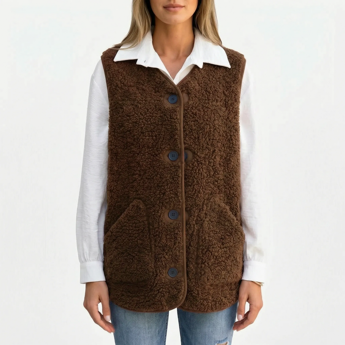 Women's textured teddy gilet with V-neck, button front and large patch pockets