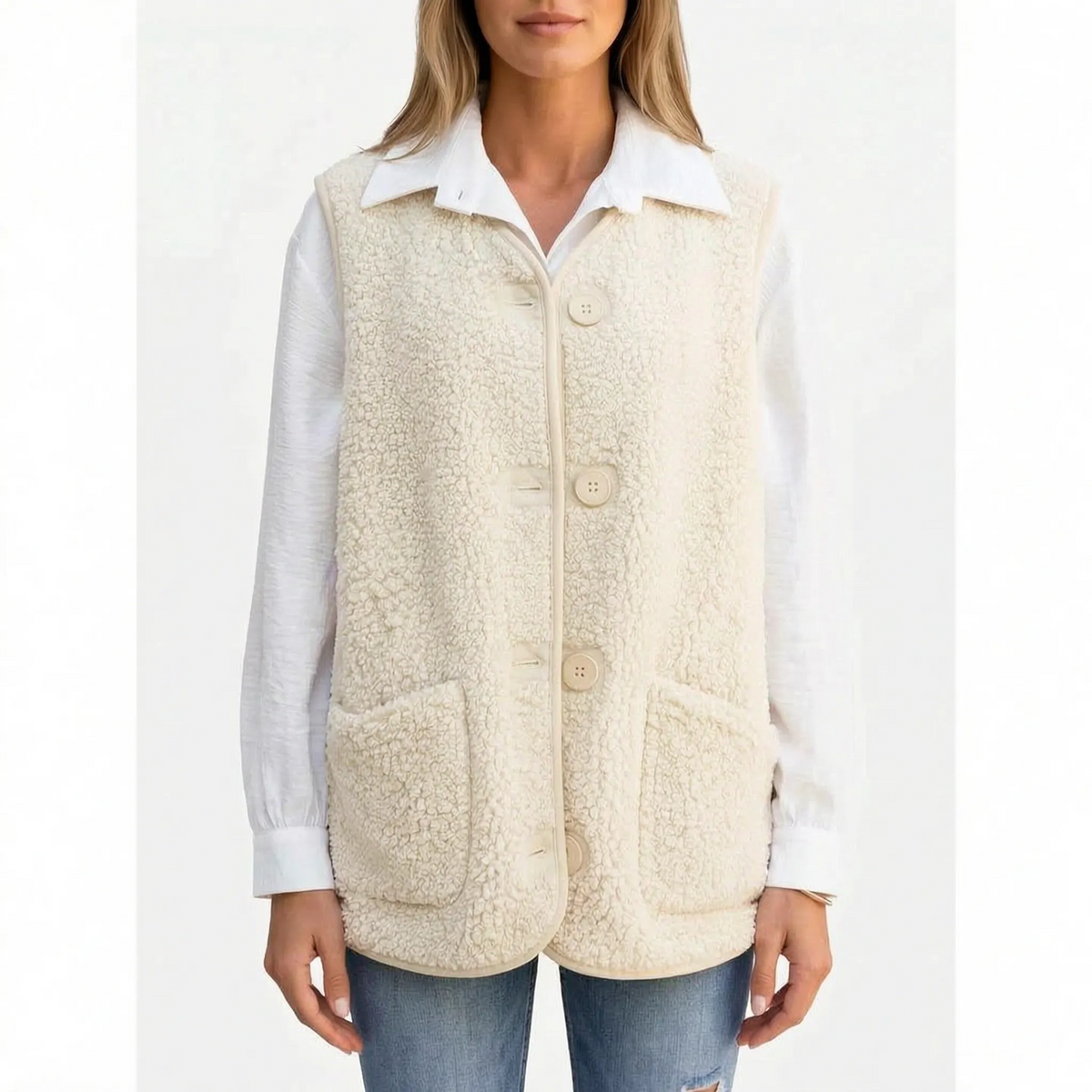 Women's textured teddy gilet with V-neck, button front and large patch pockets