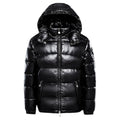 Men's glossy quilted hooded puffer jacket with front zip and zipped pockets