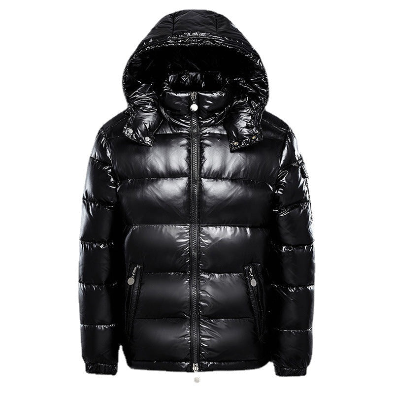 Men's glossy quilted hooded puffer jacket with front zip and zipped pockets