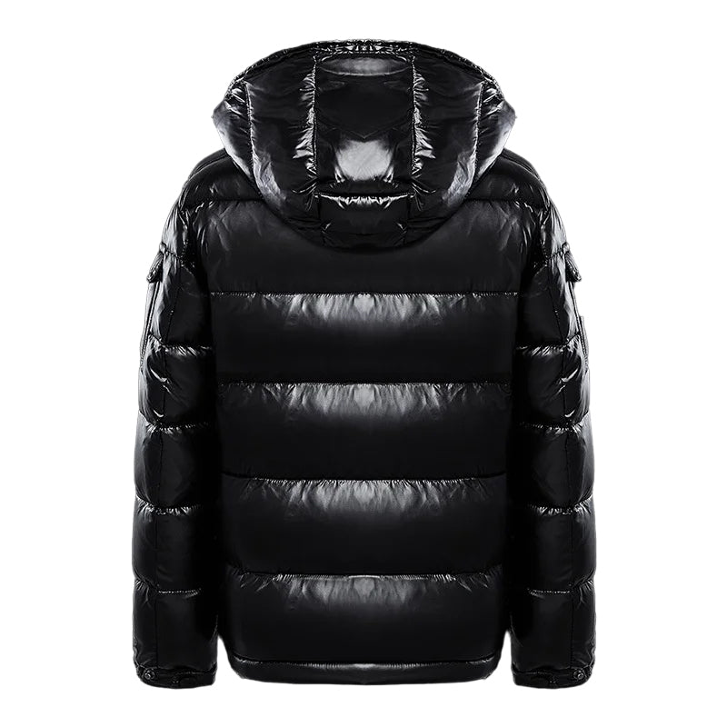 Men's glossy quilted hooded puffer jacket with front zip and zipped pockets