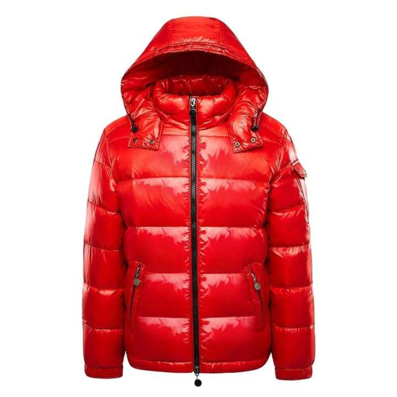 Men's glossy quilted hooded puffer jacket with front zip and zipped pockets