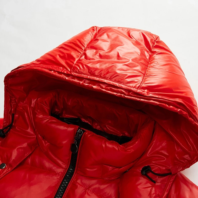 Men's glossy quilted hooded puffer jacket with front zip and zipped pockets