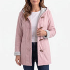 Women's hooded duffle coat with toggle fastenings and contrasting lining