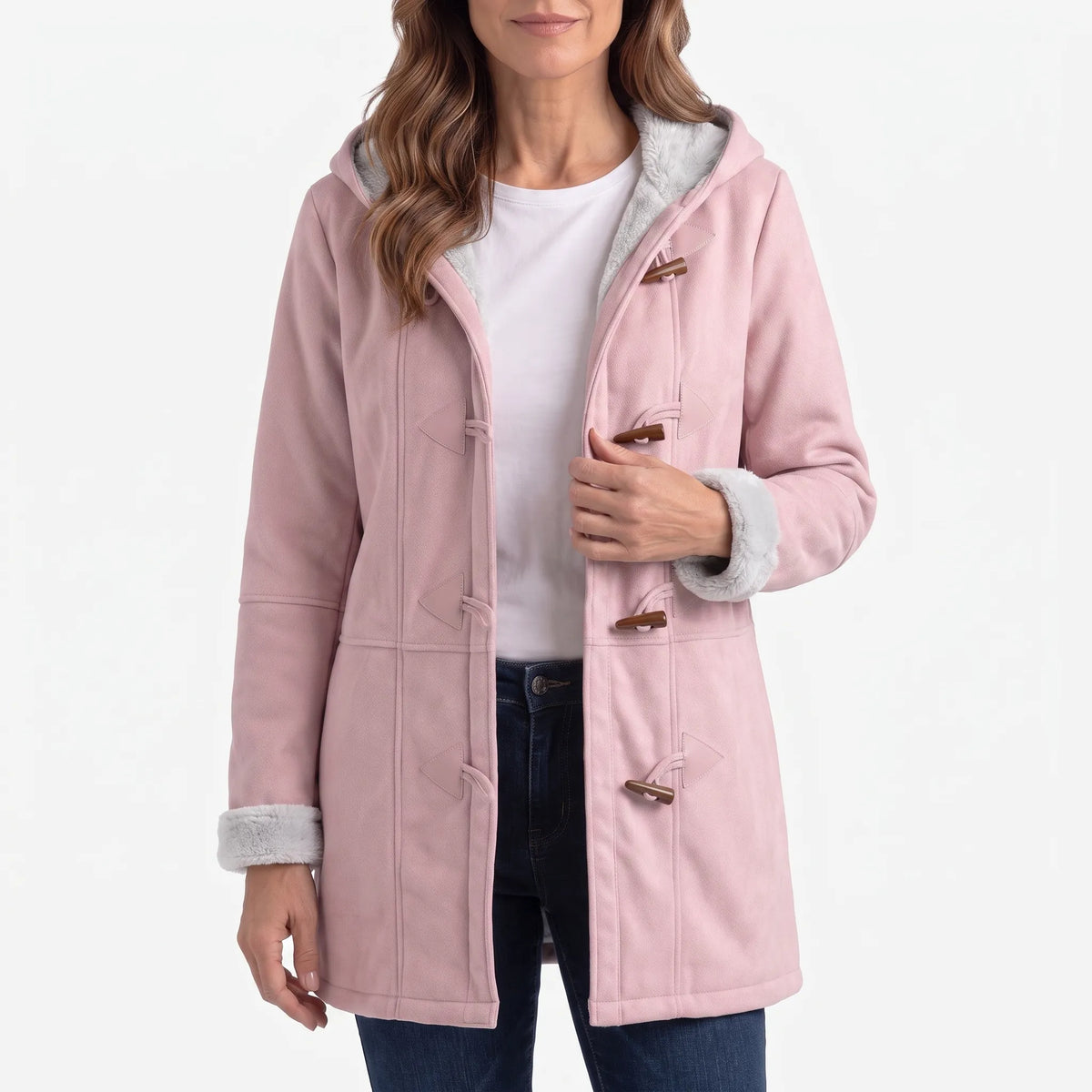 Women's hooded duffle coat with toggle fastenings and contrasting lining
