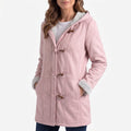 Women's hooded duffle coat with toggle fastenings and contrasting lining