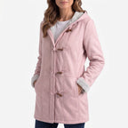 Women's hooded duffle coat with toggle fastenings and contrasting lining