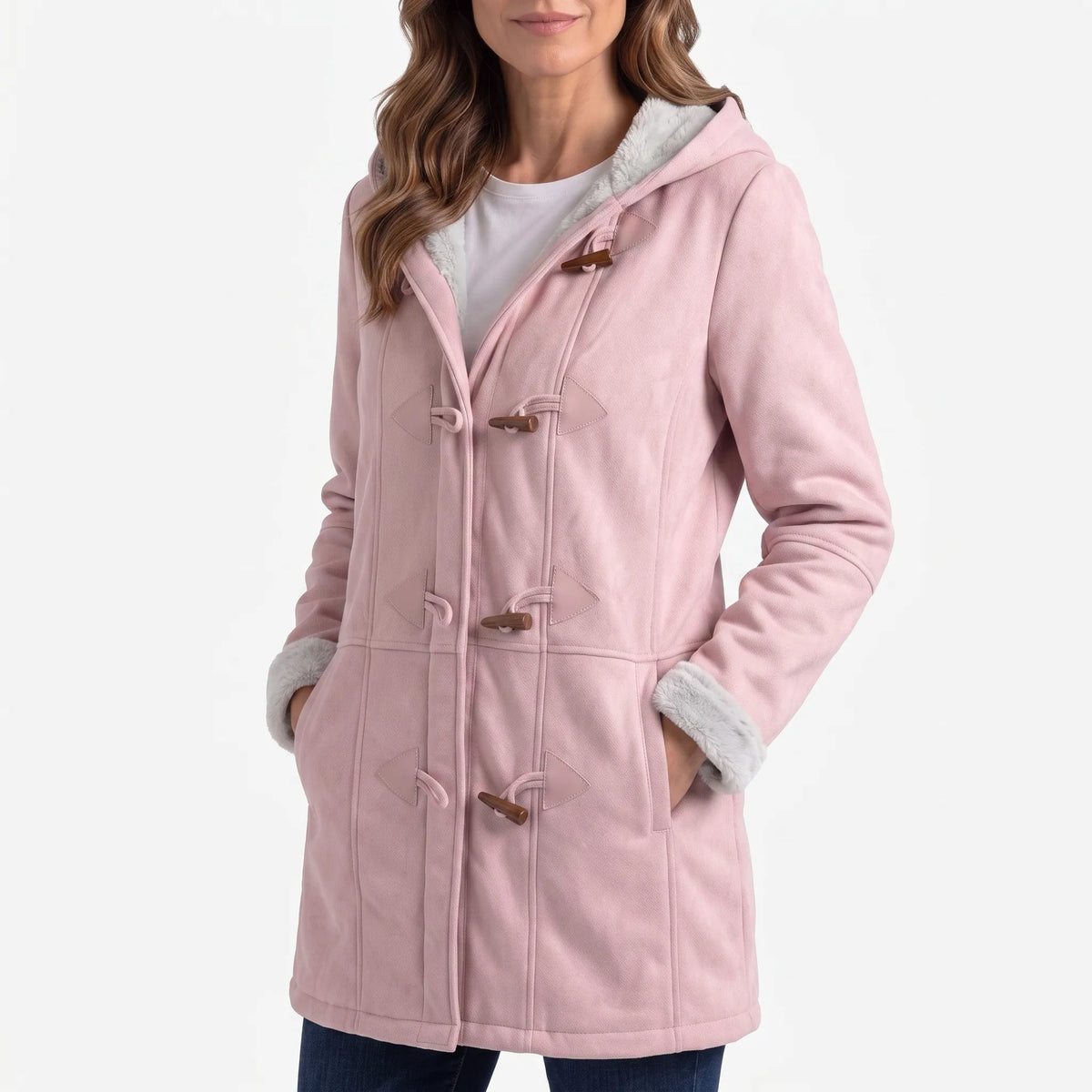 Women's hooded duffle coat with toggle fastenings and contrasting lining