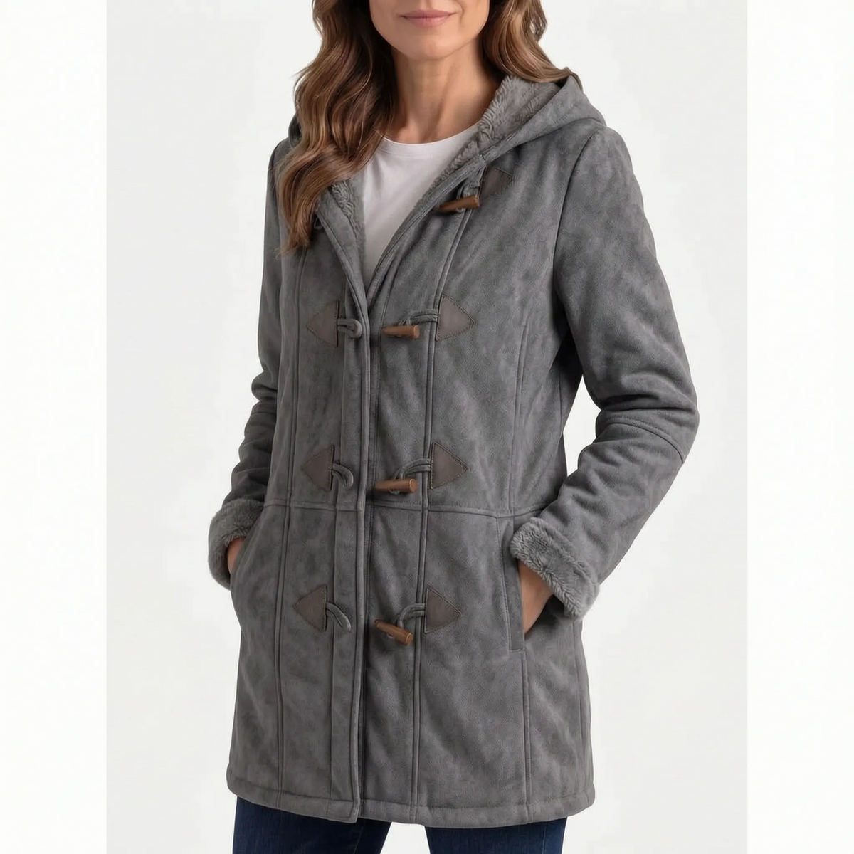 Women's hooded duffle coat with toggle fastenings and contrasting lining