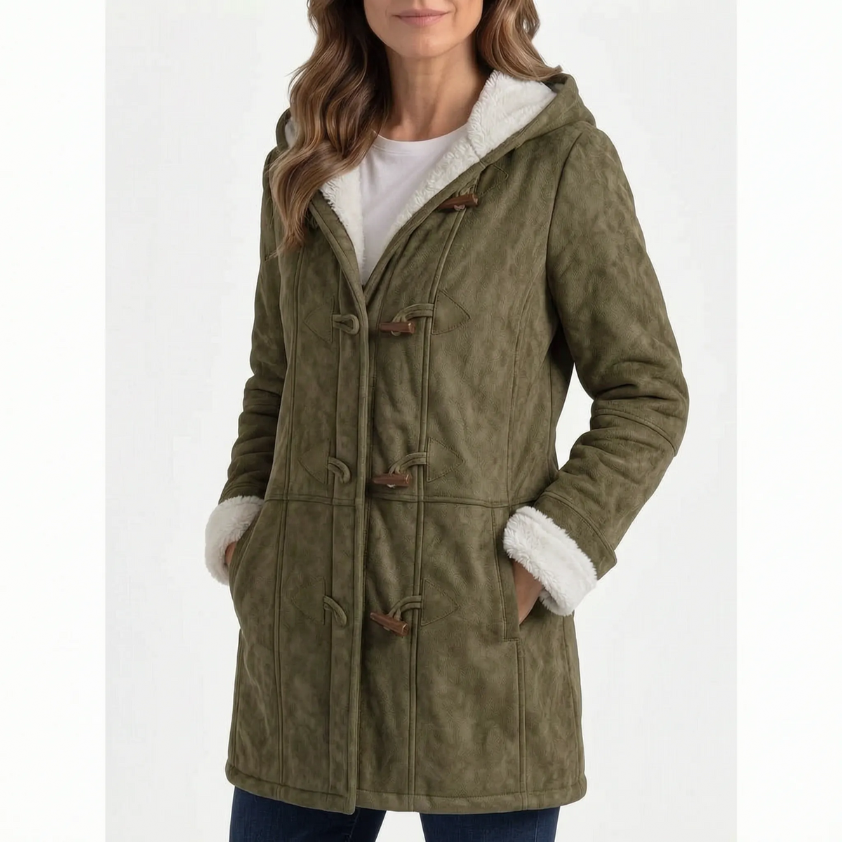 Women's hooded duffle coat with toggle fastenings and contrasting lining