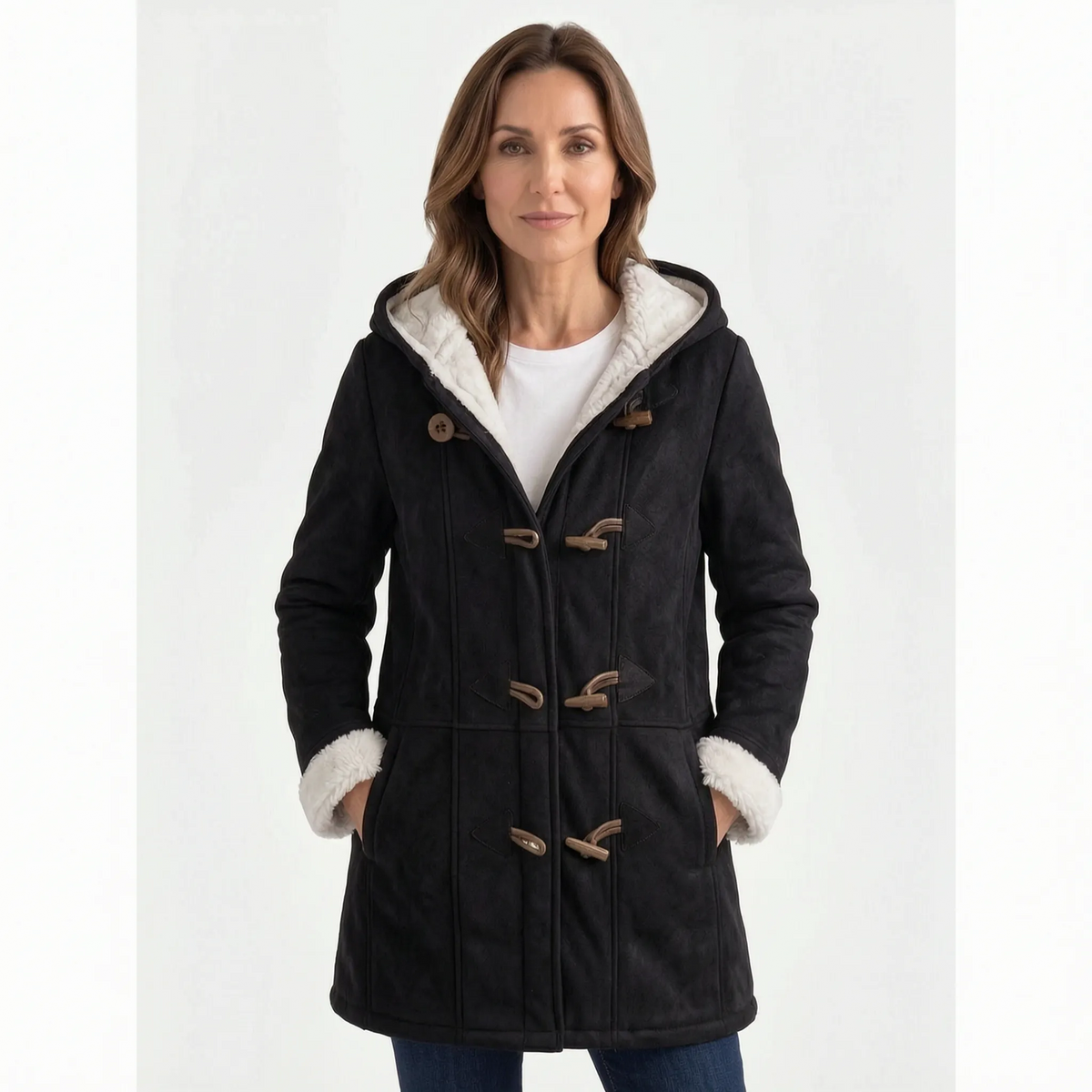 Women's hooded duffle coat with toggle fastenings and contrasting lining