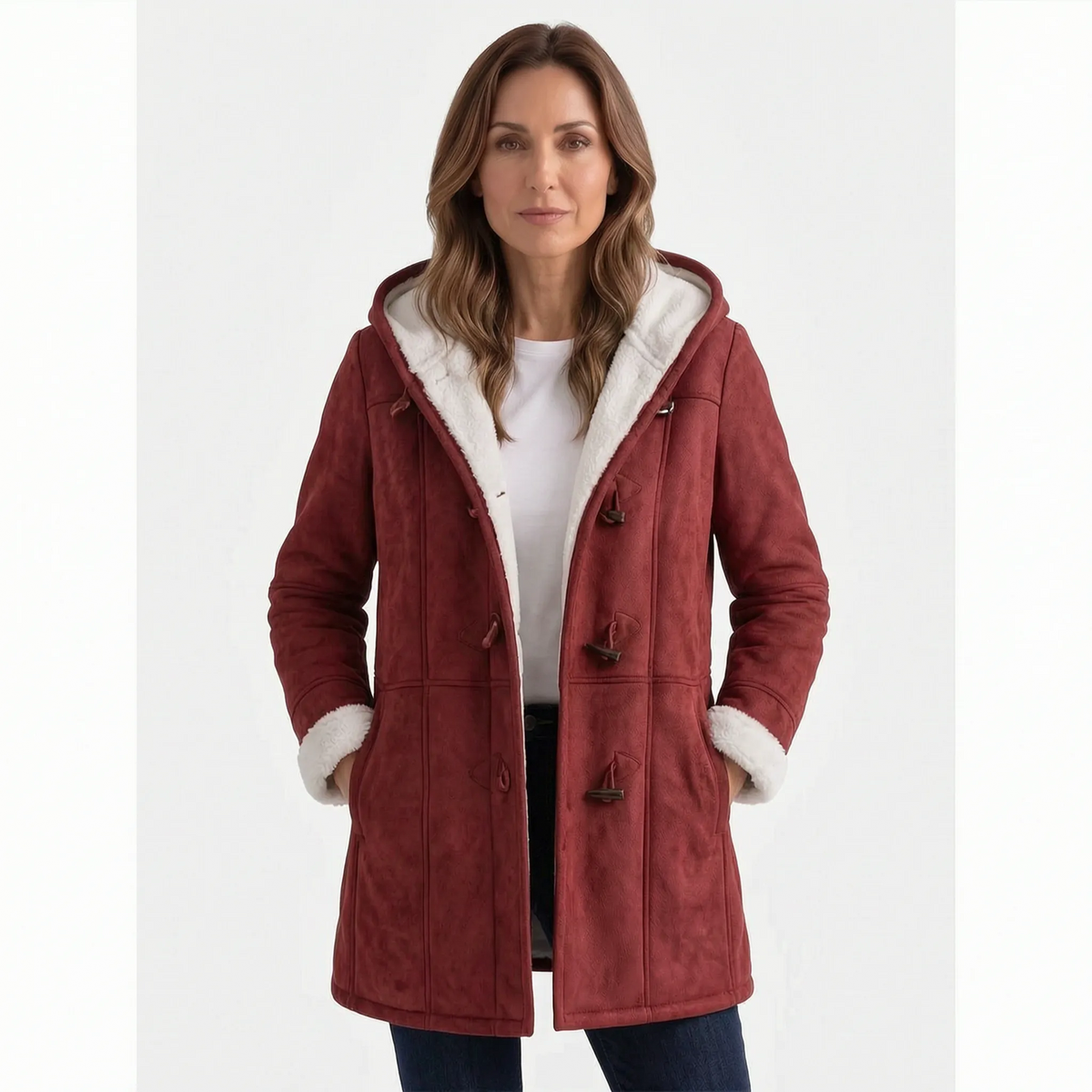 Women's hooded duffle coat with toggle fastenings and contrasting lining