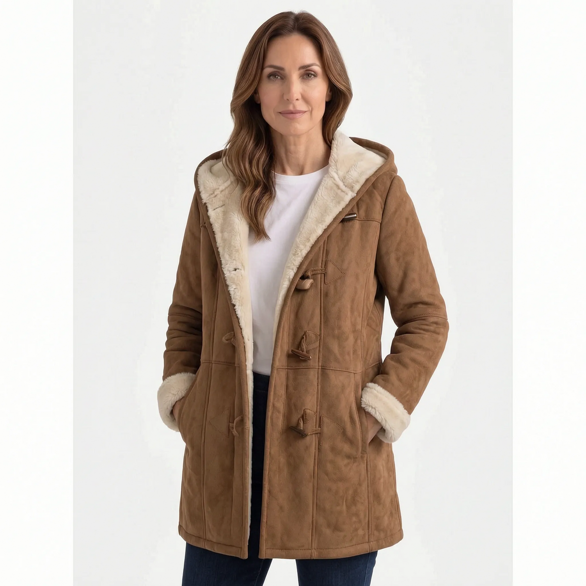 Women's hooded duffle coat with toggle fastenings and contrasting lining
