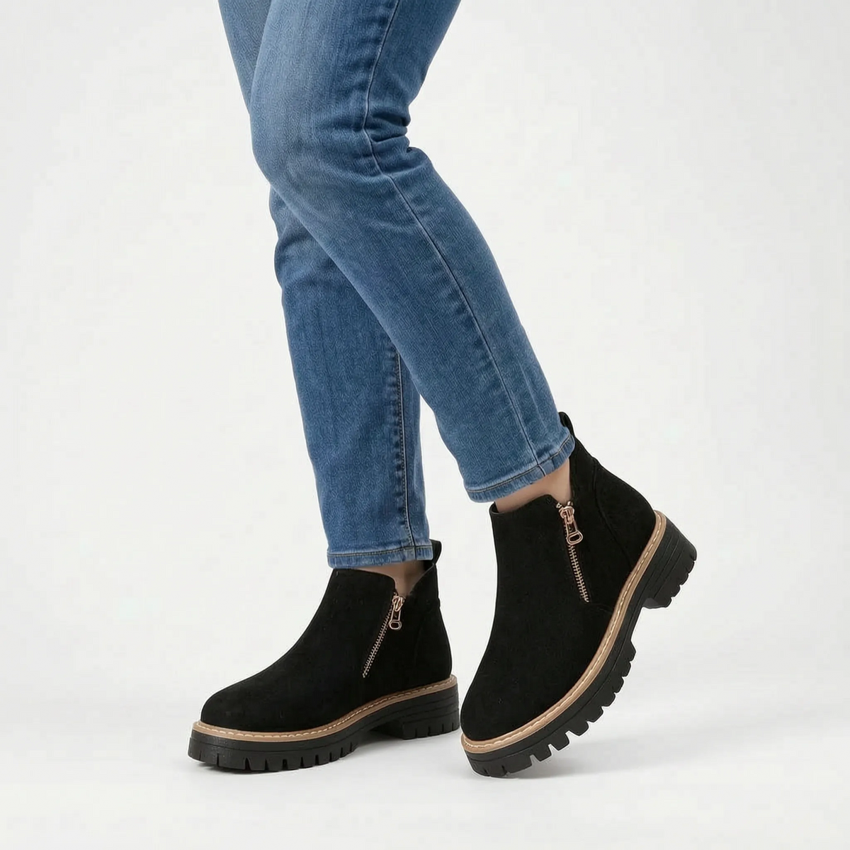 Women's chunky plain ankle boots with side zips and treaded soles