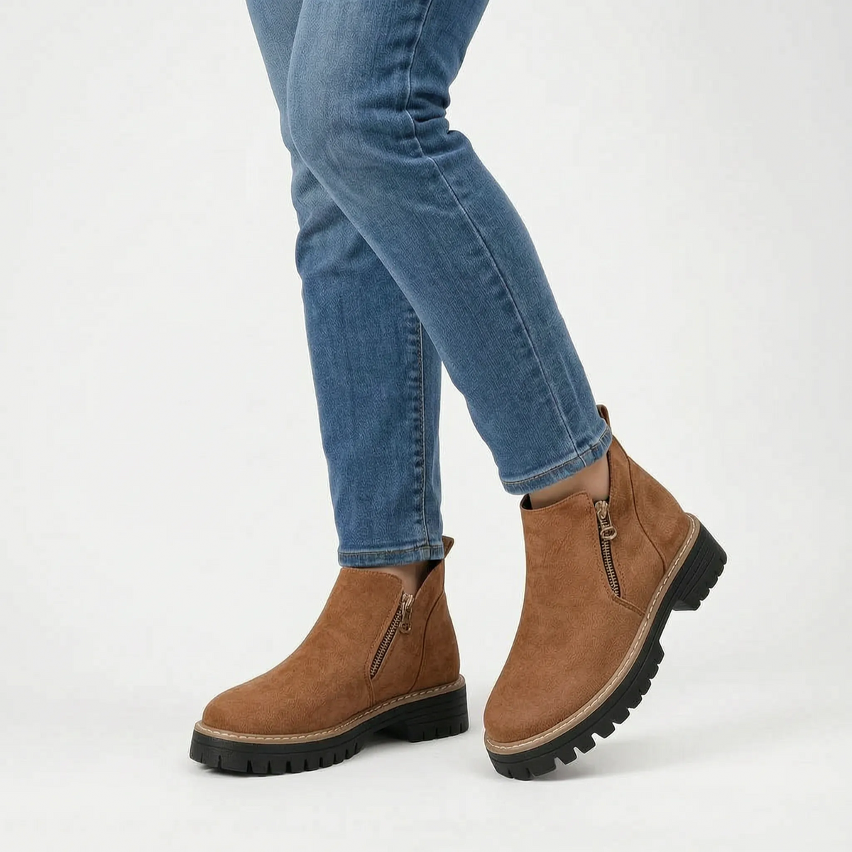 Women's chunky plain ankle boots with side zips and treaded soles