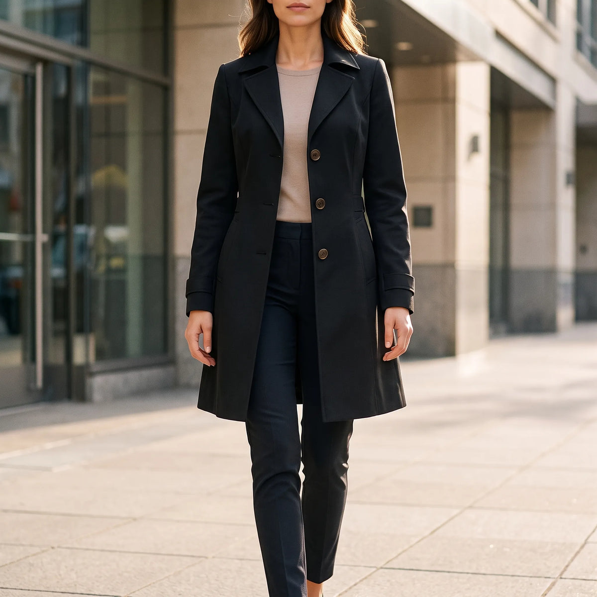 Trenchina  - Structured Button-Front Trench Coat Office Commuting