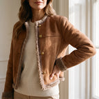 Women's brown structured jacket with fluffy trim and gold-tone buttons