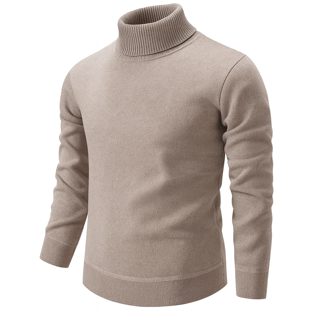 Men's plain turtleneck sweater with long sleeves and ribbed trims