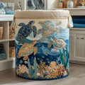 Quilted multicoloured laundry basket with sea turtles, coral, shells and starfish