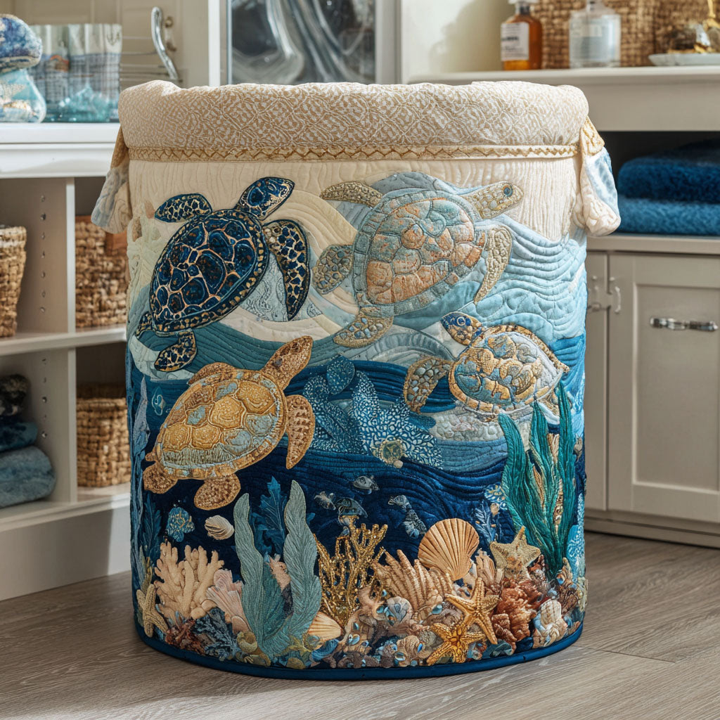 Quilted multicoloured laundry basket with sea turtles, coral, shells and starfish