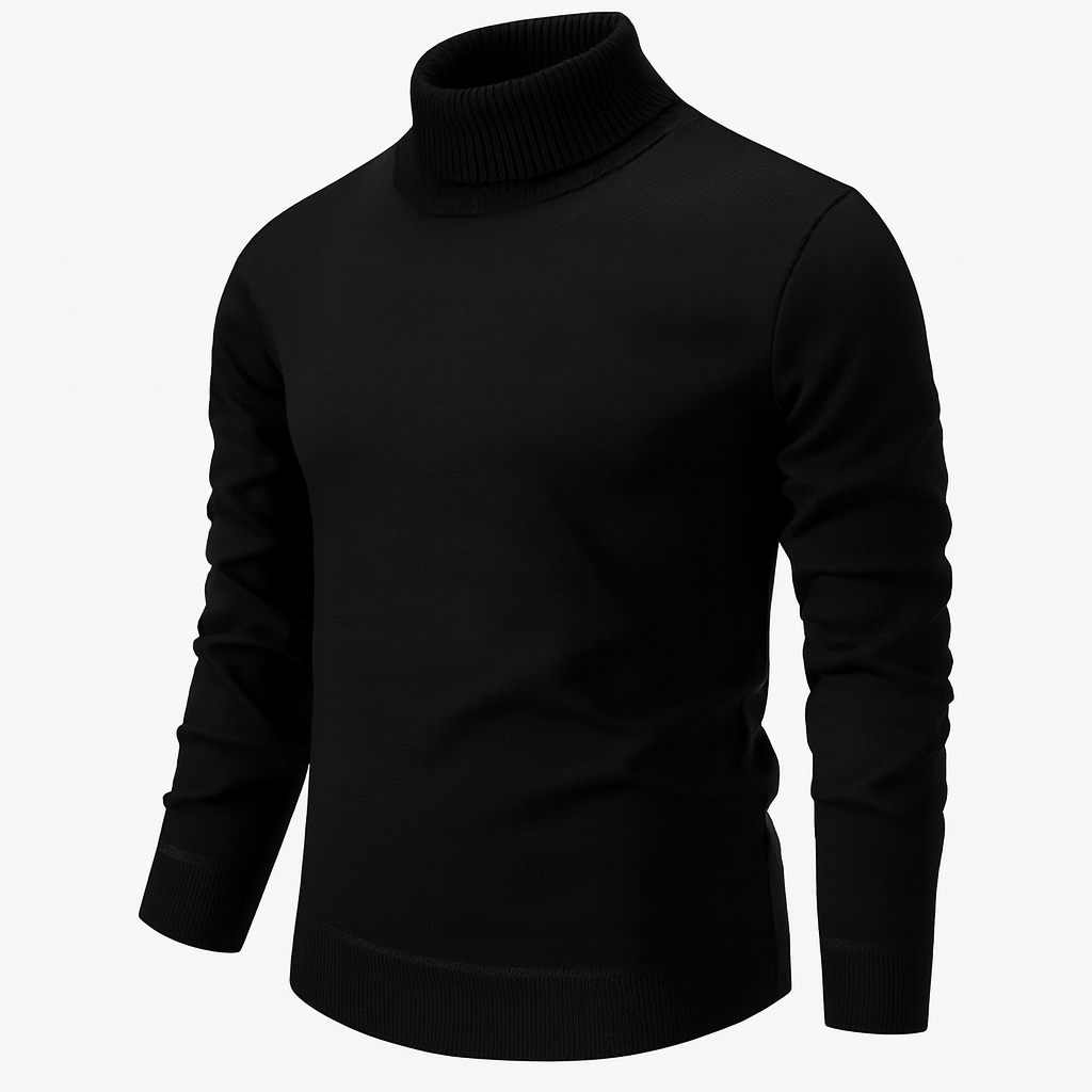 Men's plain turtleneck sweater with long sleeves and ribbed trims