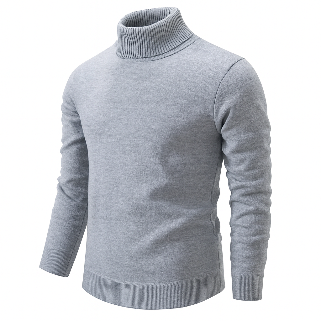 Men's plain turtleneck sweater with long sleeves and ribbed trims