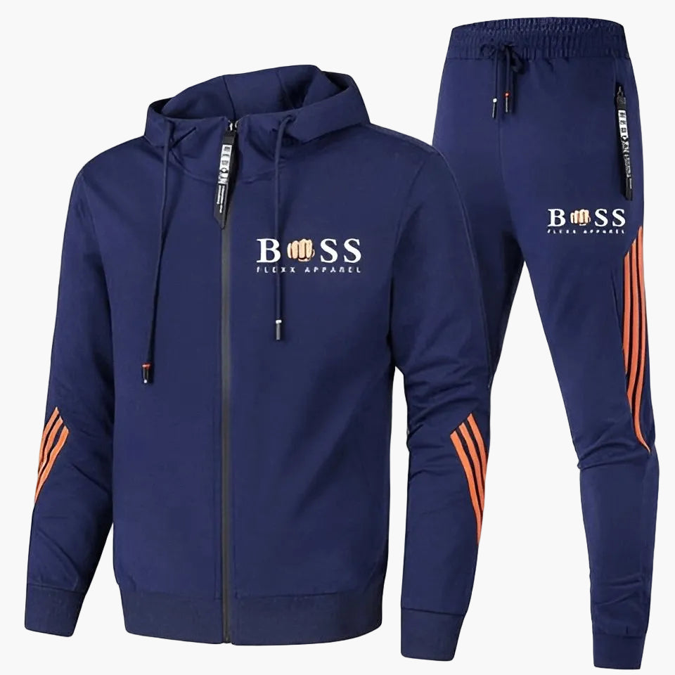 Men's hooded tracksuit set with full-zip jacket and tapered jogger trousers