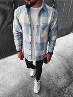 Men's blue and cream checked button-up overshirt with long sleeves and chest pocket