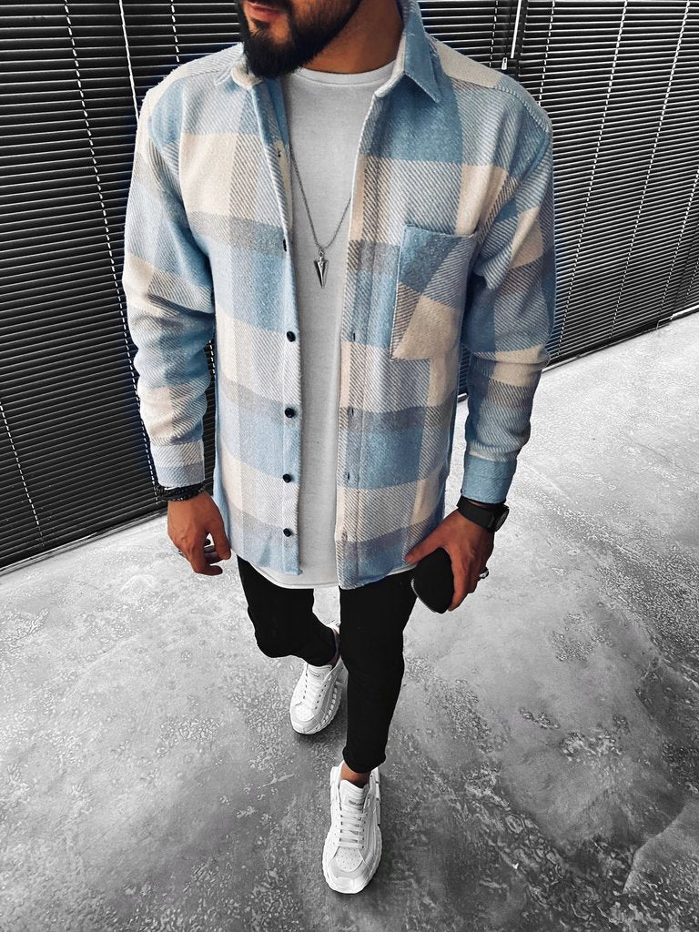 Men's blue and cream checked button-up overshirt with long sleeves and chest pocket