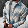 Men's blue and cream checked button-up overshirt with long sleeves and chest pocket