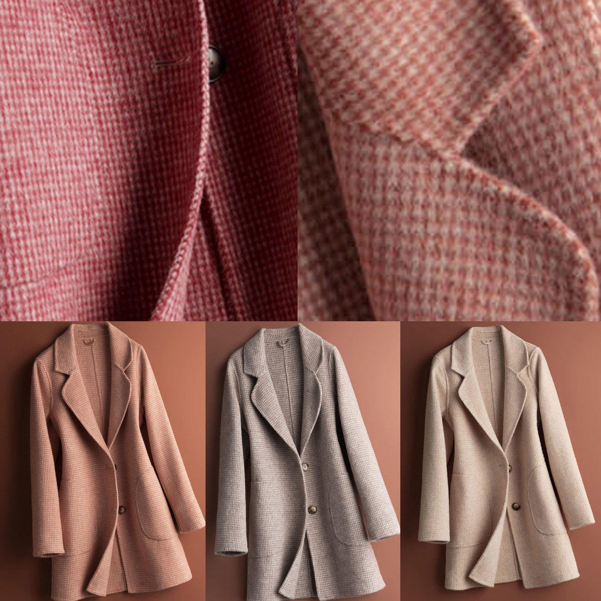 Women's checked coat with notched lapels, long sleeves, buttons and front pockets