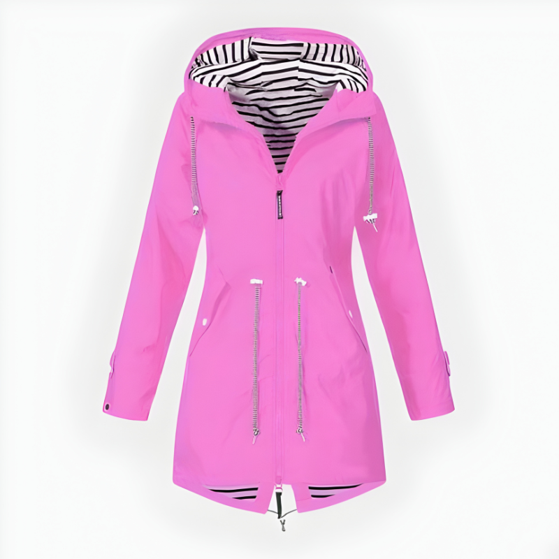 Women's long hooded rain jacket with zip pockets and striped hood lining