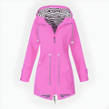 Women's long hooded rain jacket with zip pockets and striped hood lining