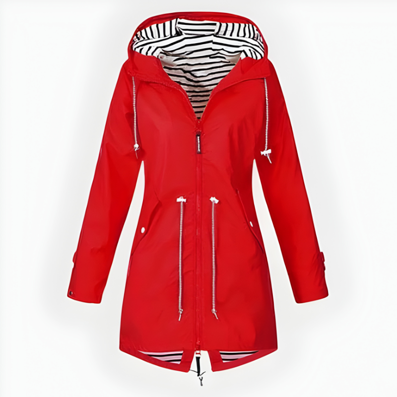 Women's long hooded rain jacket with zip pockets and striped hood lining