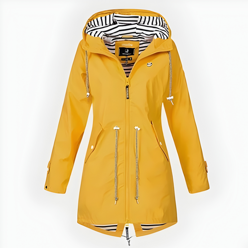 Women's long hooded rain jacket with zip pockets and striped hood lining