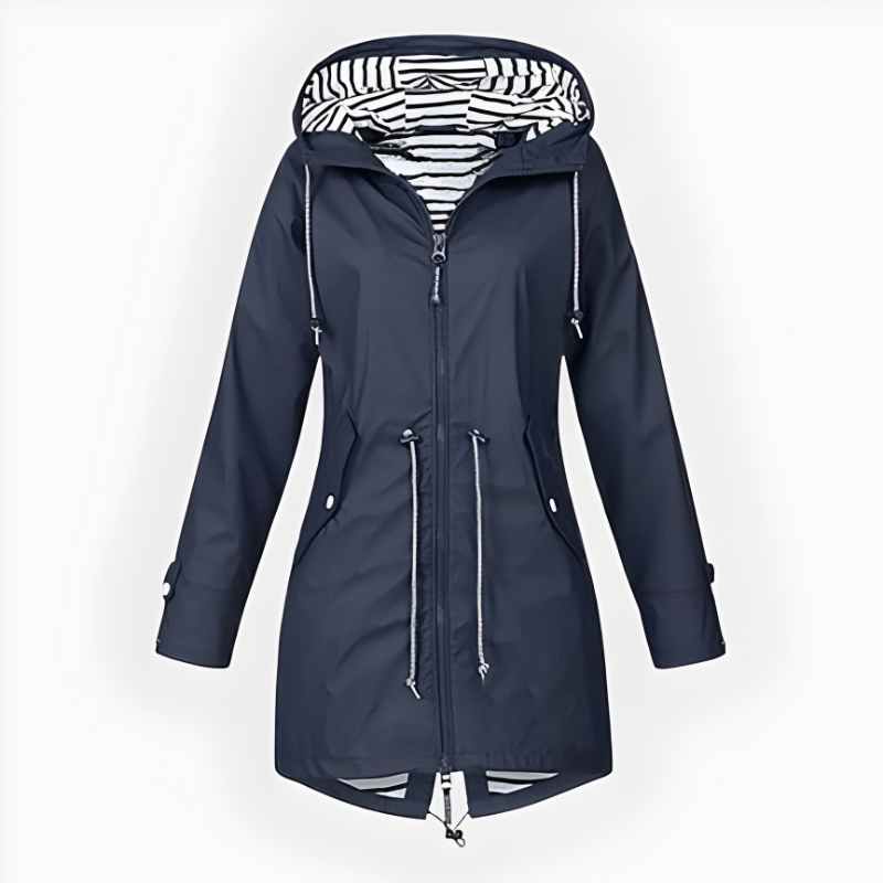 Women's long hooded rain jacket with zip pockets and striped hood lining