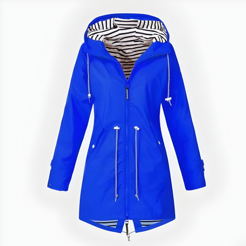 Women's long hooded rain jacket with zip pockets and striped hood lining