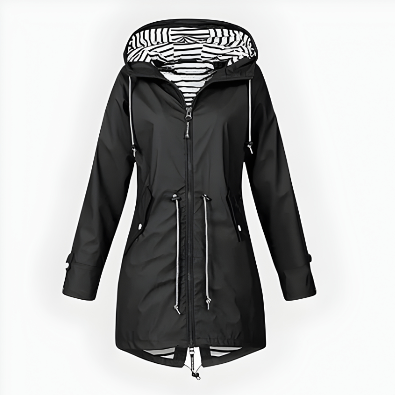Women's long hooded rain jacket with zip pockets and striped hood lining