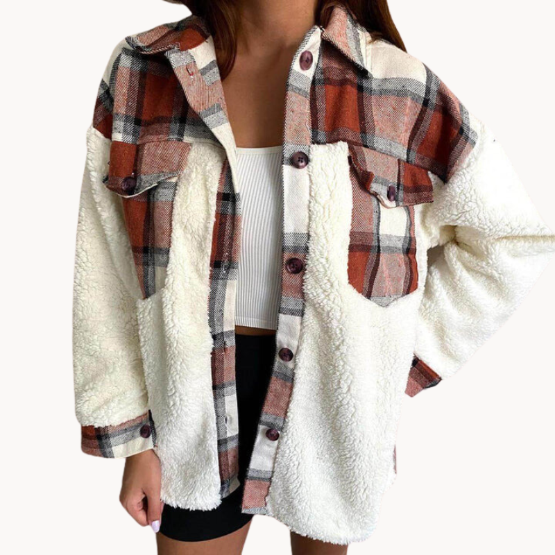 Women's checked jacket with contrasting textured panels and button front
