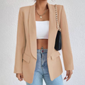 Women's open front long sleeve blazer with notched lapels and flap pockets