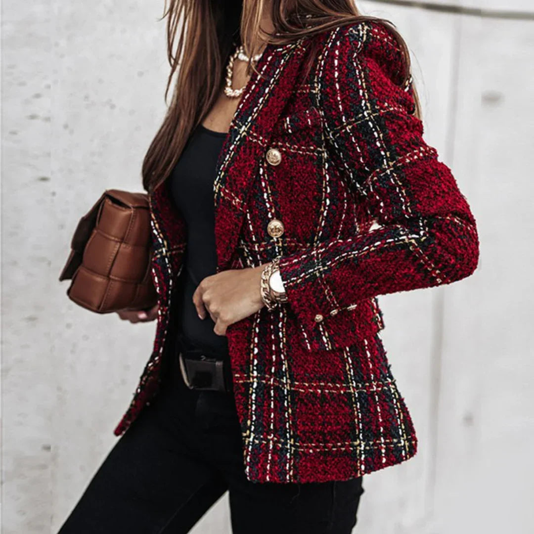 Women's long-sleeved checked blazer with button front