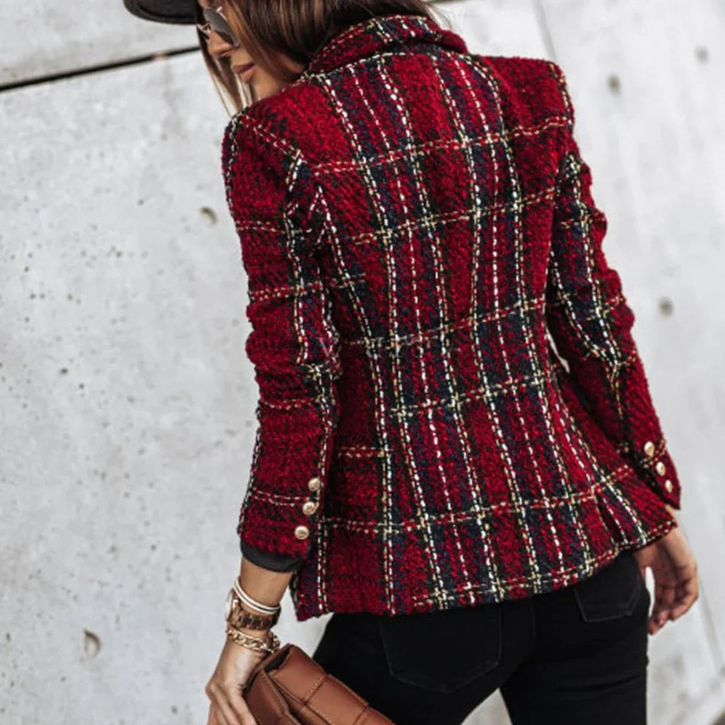 Women's long-sleeved checked blazer with button front