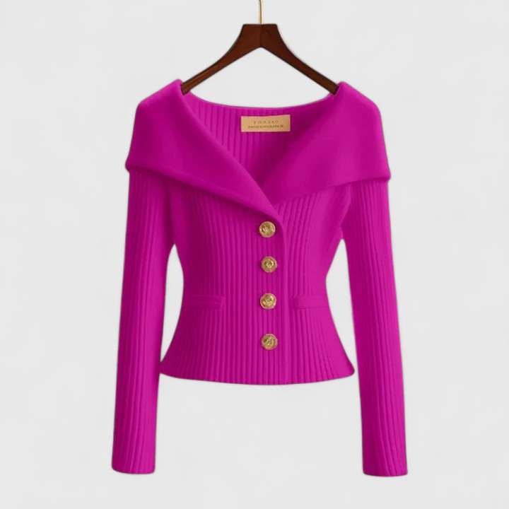 Women's ribbed knit cardigan with shawl collar and button front