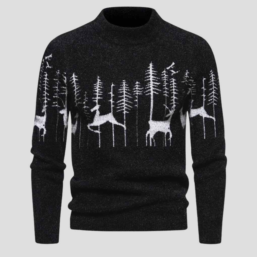 Men's turtleneck jumper with a reindeer and forest motif